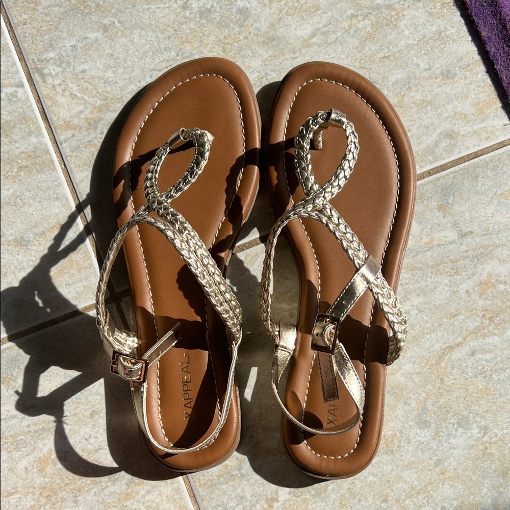 Xappeal Braided Metallic Gold T-Strap Sandals